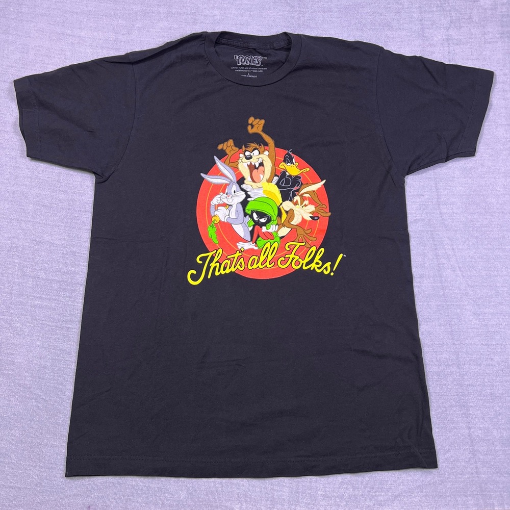 Looney Tunes Thats All Folks Graphic Crew Neck T-Shirt Kids L Black Cotton